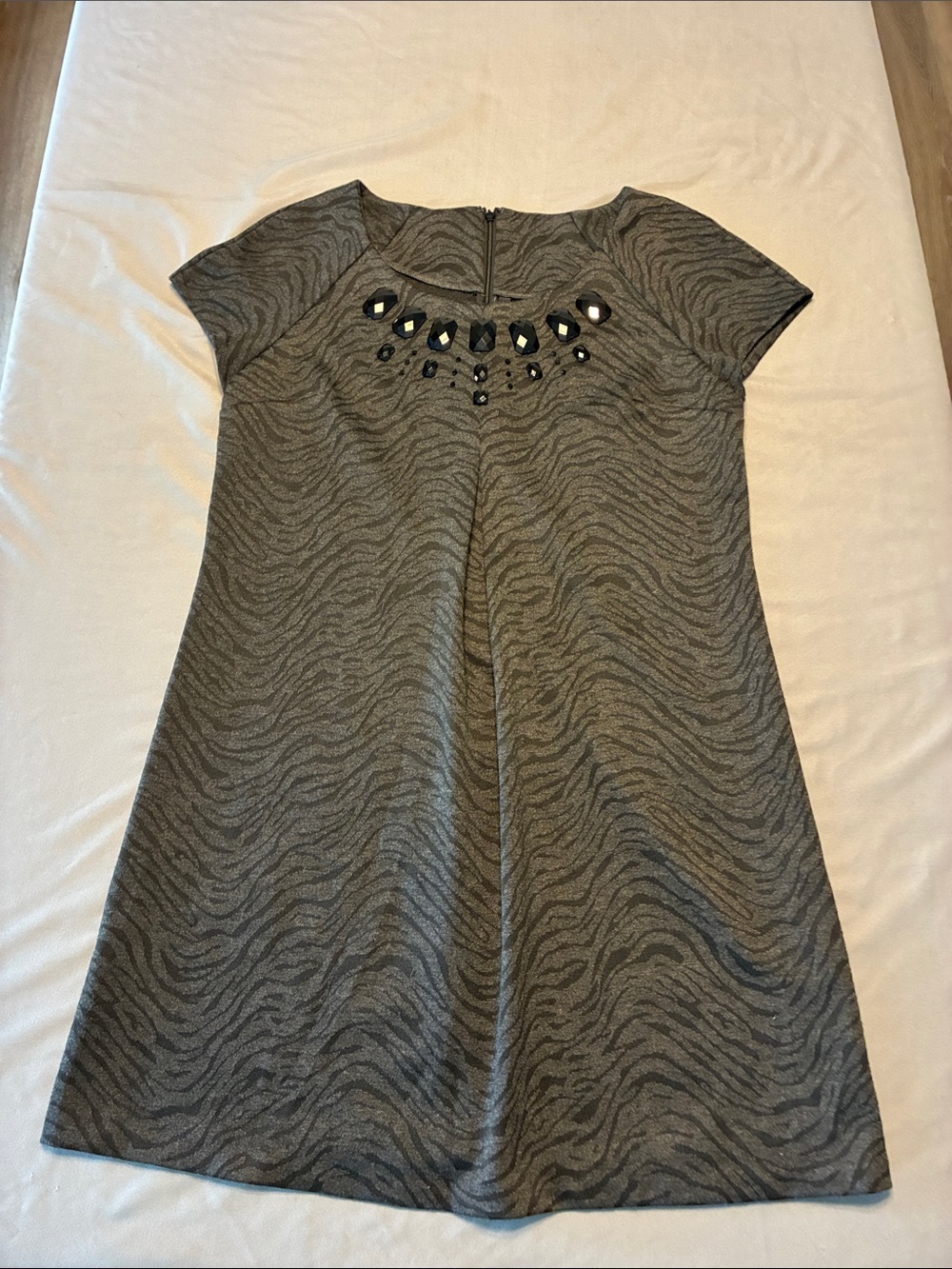Relativity Gray Zebra-Print A-Line Dress with Jeweled Neckline